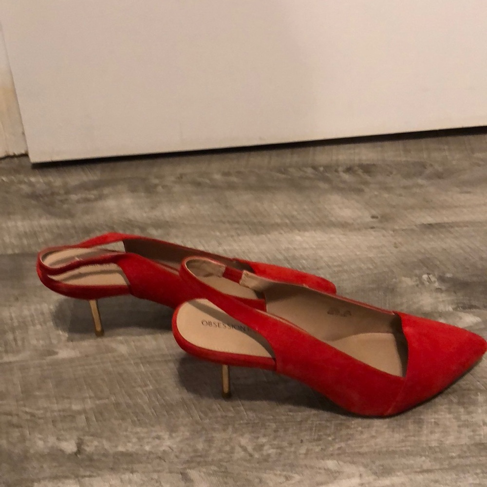 Red suede gold kitten heels
